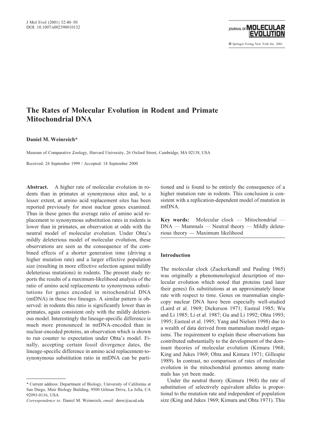 The Rates of Molecular Evolution in Rodent and Primate Mitochondrial DNA