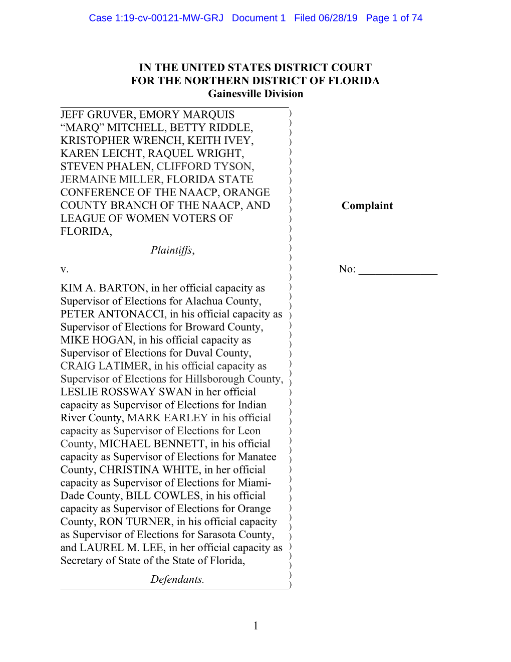 Case 1:19-Cv-00121-MW-GRJ Document 1 Filed 06/28/19 Page 1 of 74