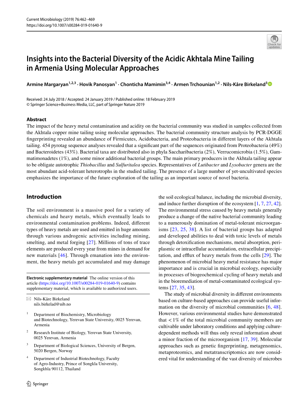 Insights Into the Bacterial Diversity of the Acidic Akhtala Mine Tailing in Armenia Using Molecular Approaches