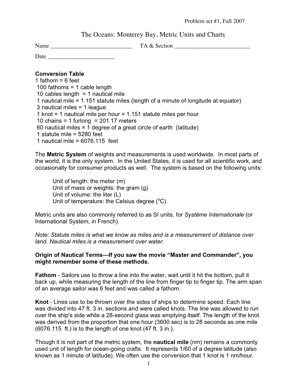 The Oceans: Monterey Bay, Metric Units and Charts Name ______TA & Section ______Date ______