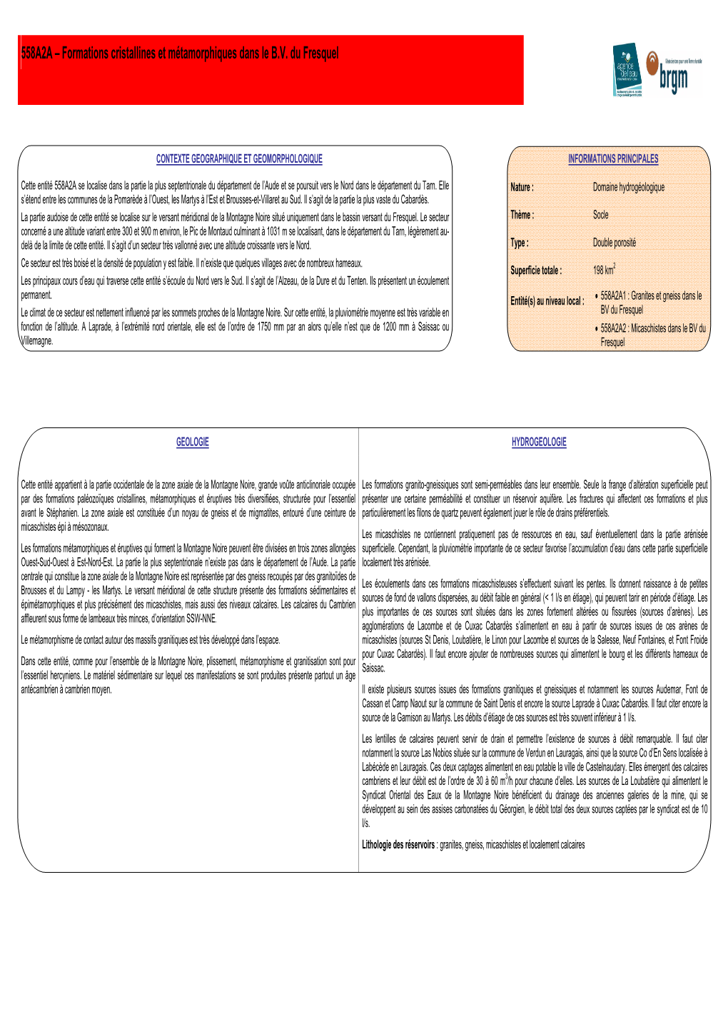 558A2A – Formations Cristallines Et Métamorphiques Dans Le B.V. Du Fresquel