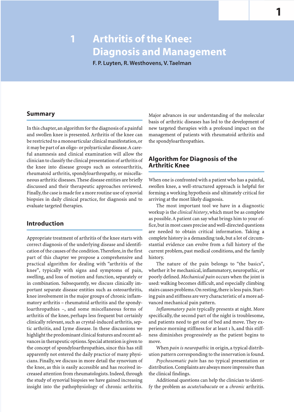 1 Arthritis of the Knee: Diagnosis and Management F