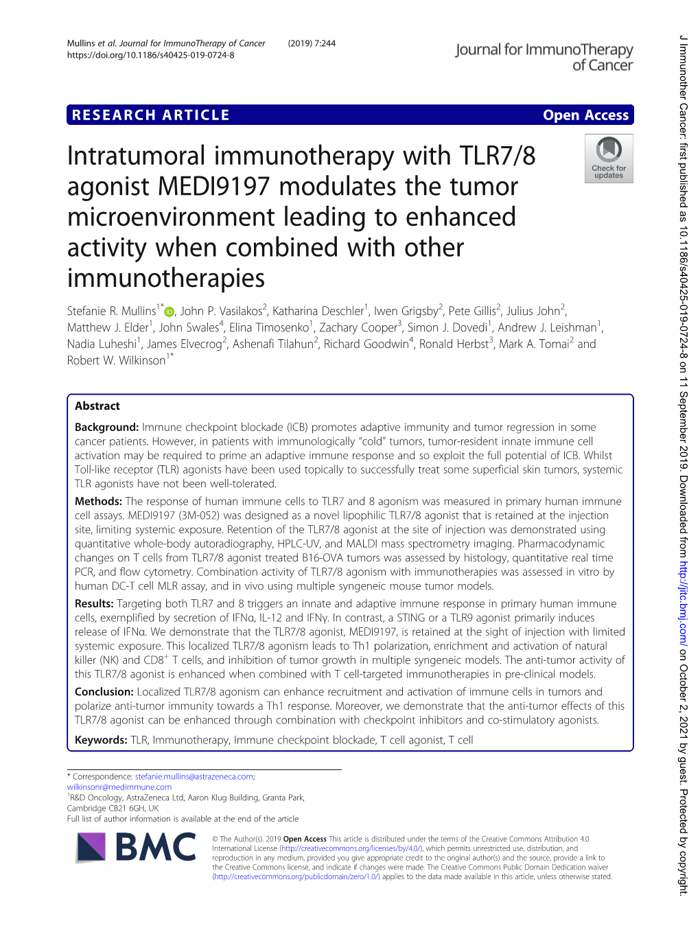 Intratumoral Immunotherapy with TLR7/8 Agonist MEDI9197