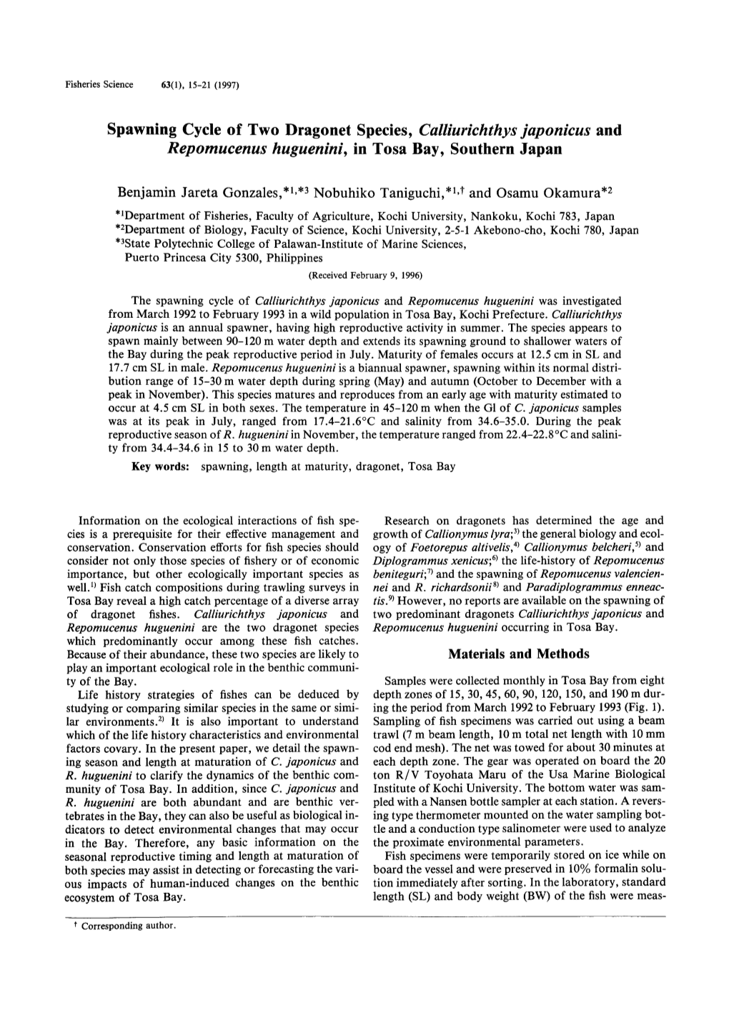 Spawning Cycle of Two Dragonet Species, Calliurichthys Japonicus and Repomucenus Huguenini, in Tosa Bay, Southern Japan