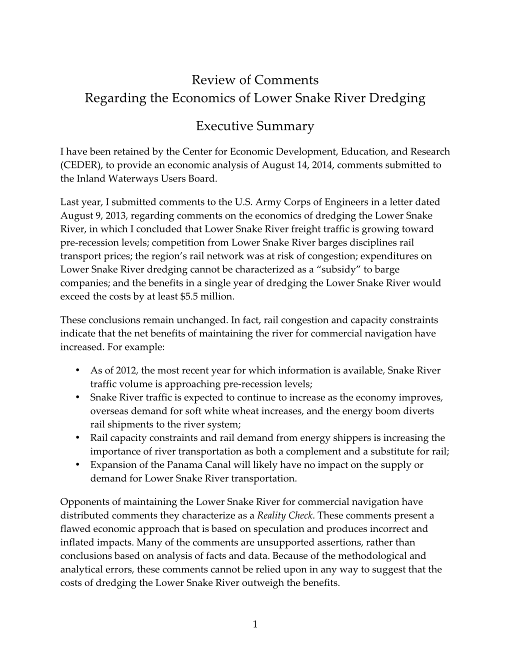 Review of Comments Regarding the Economics of Lower Snake River Dredging