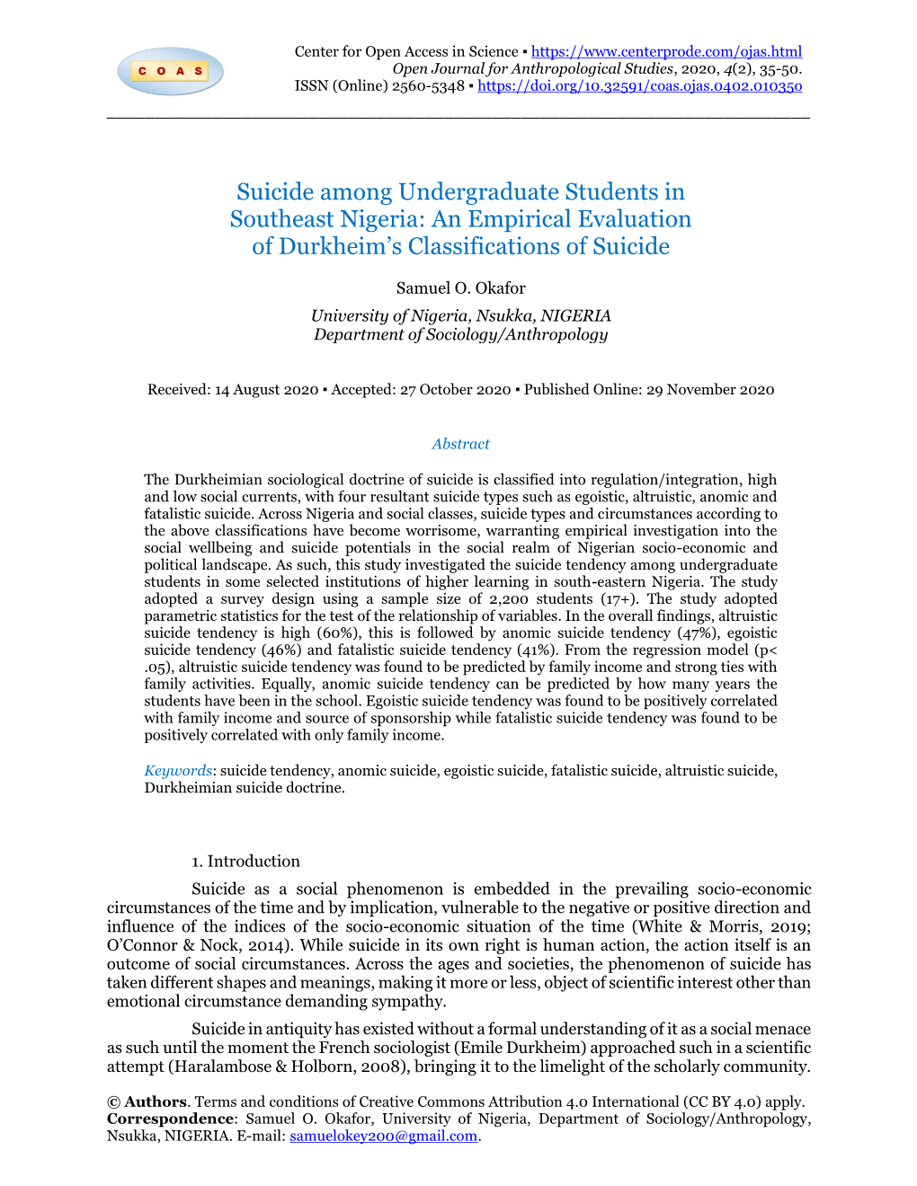 Suicide Among Undergraduate Students in Southeast Nigeria: an Empirical Evaluation of Durkheim’S Classifications of Suicide
