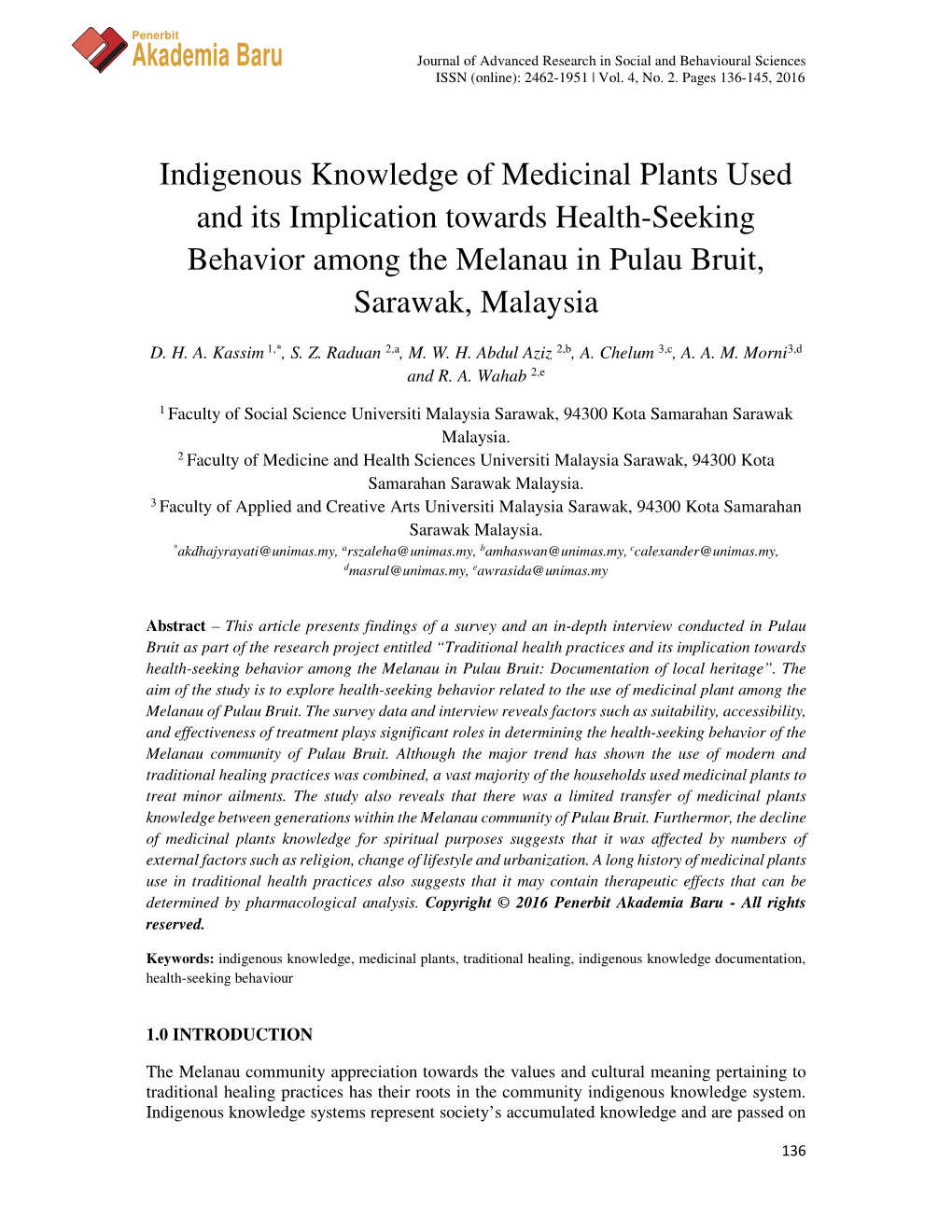 Akademia Baru Indigenous Knowledge of Medicinal Plants Used and Its Implication Towards Health-Seeking Behavior Among the Melana
