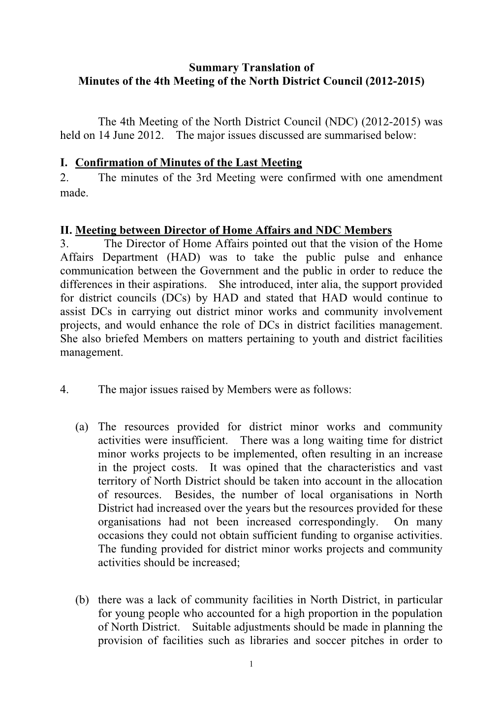 Summary Translation of Minutes of the 4Th Meeting of the North District Council (2012-2015)