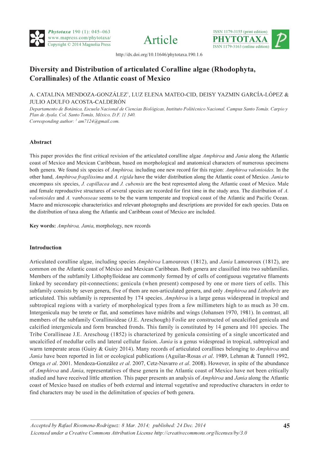 Diversity and Distribution of Articulated Coralline Algae (Rhodophyta, Corallinales) of the Atlantic Coast of Mexico