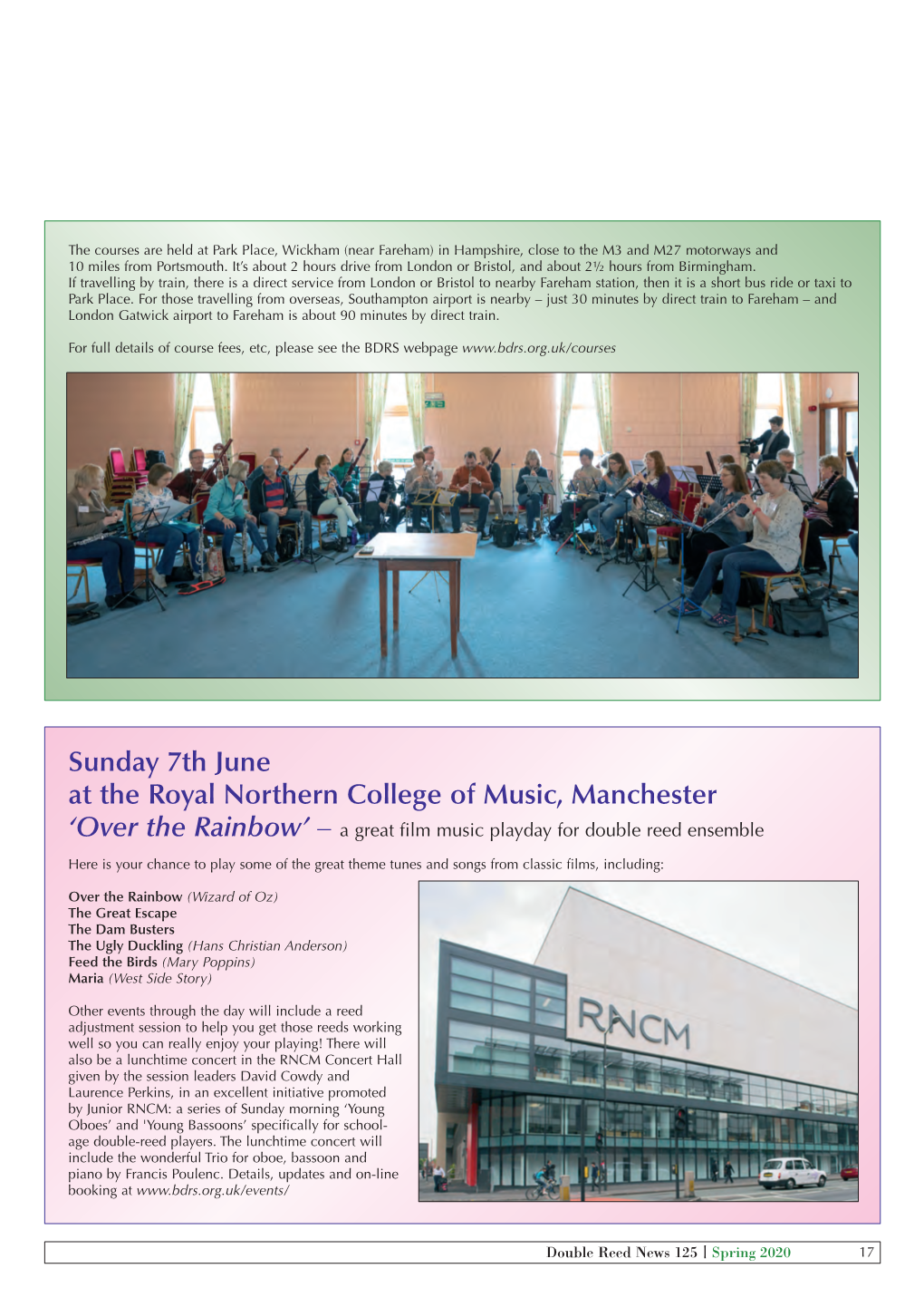 Sunday 7Th June at the Royal Northern College of Music, Manchester ‘Over the Rainbow’ – a Great Film Music Playday for Double Reed Ensemble