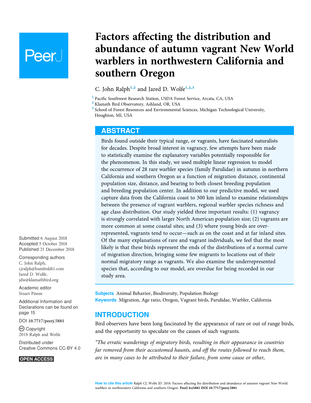 Factors Affecting the Distribution and Abundance of Autumn Vagrant New World Warblers in Northwestern California and Southern Oregon