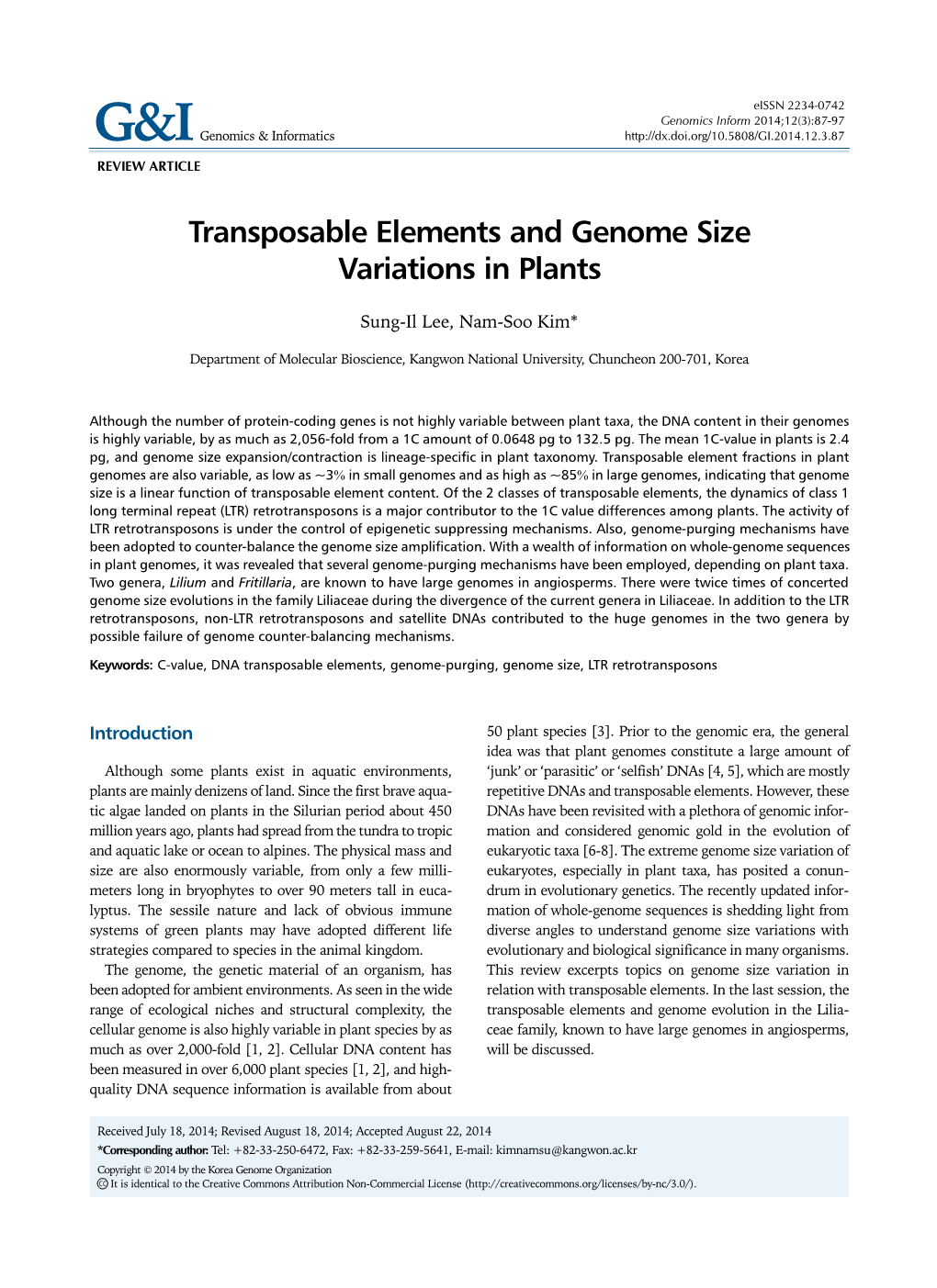 Transposable Elements and Genome Size Variations in Plants