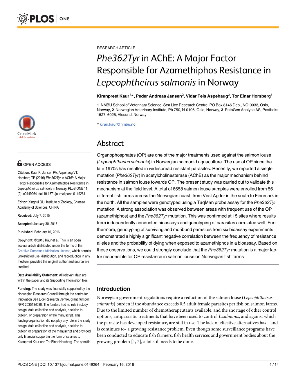 Phe362tyr in Ache: a Major Factor Responsible for Azamethiphos Resistance in Lepeophtheirus Salmonis in Norway