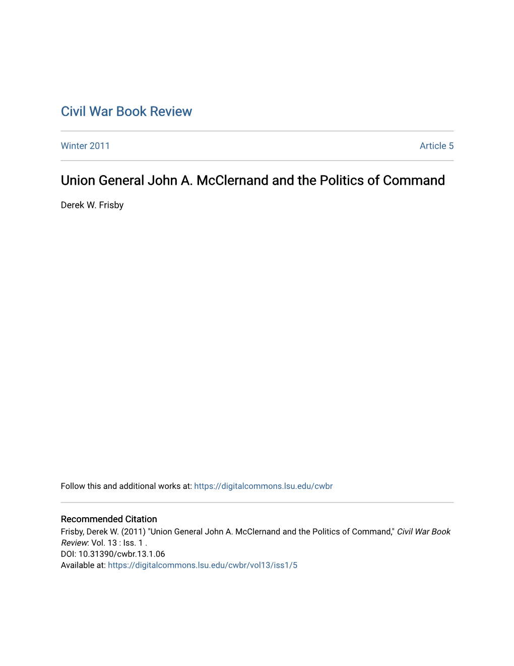 Union General John A. Mcclernand and the Politics of Command