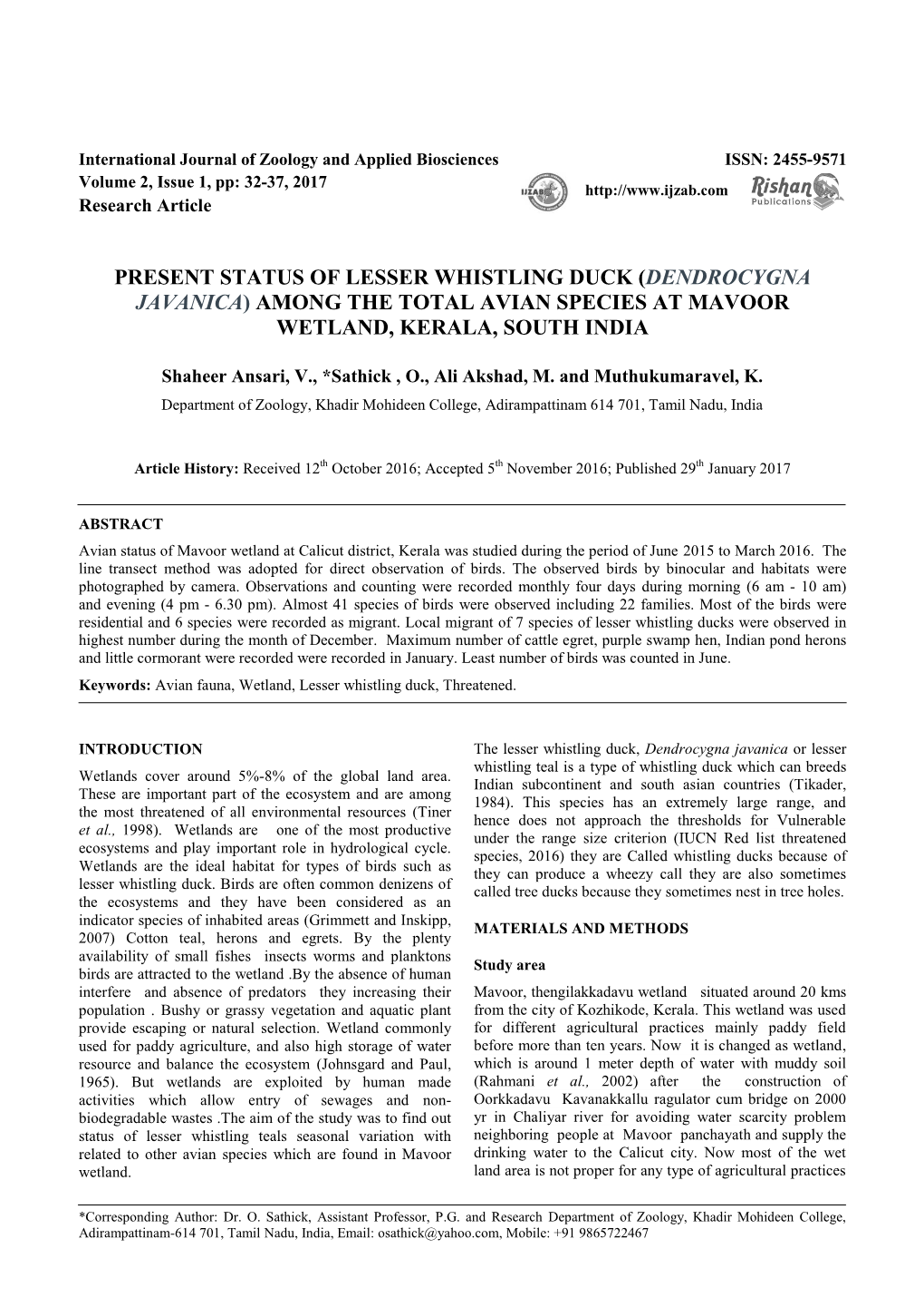 Present Status of Lesser Whistling Duck (Dendrocygna Javanica) Among the Total Avian Species at Mavoor Wetland, Kerala, South India