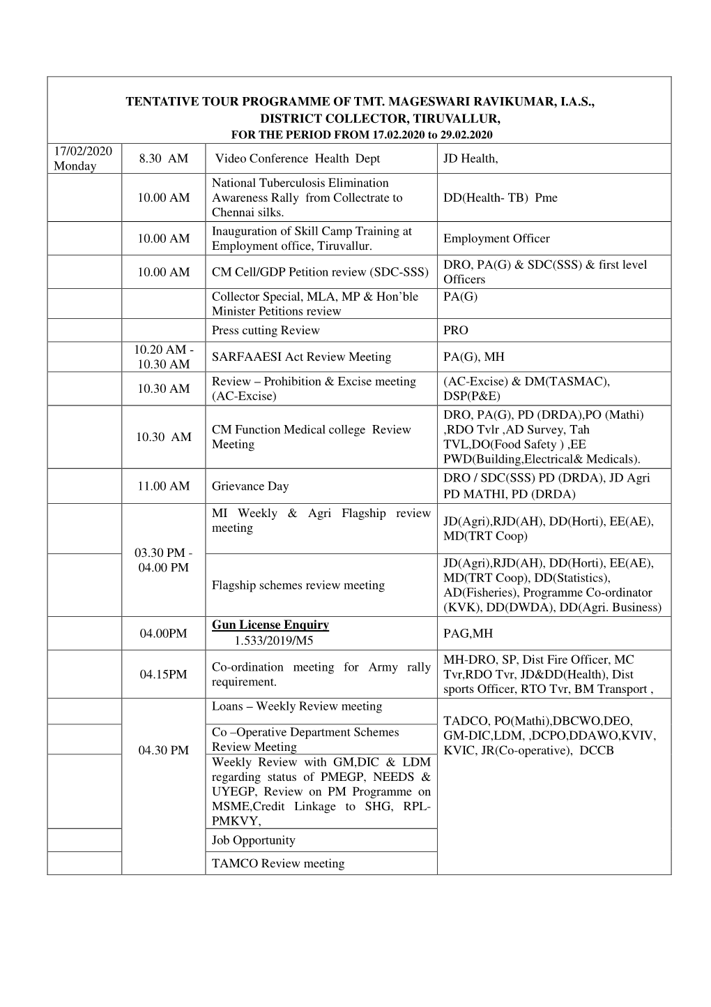 Tentative Tour Programme of Tmt. Mageswari Ravikumar