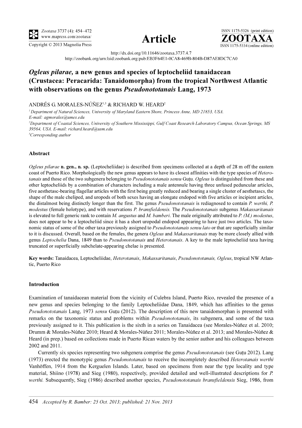 Crustacea: Peracarida: Tanaidomorpha) from the Tropical Northwest Atlantic with Observations on the Genus Pseudonototanais Lang, 1973