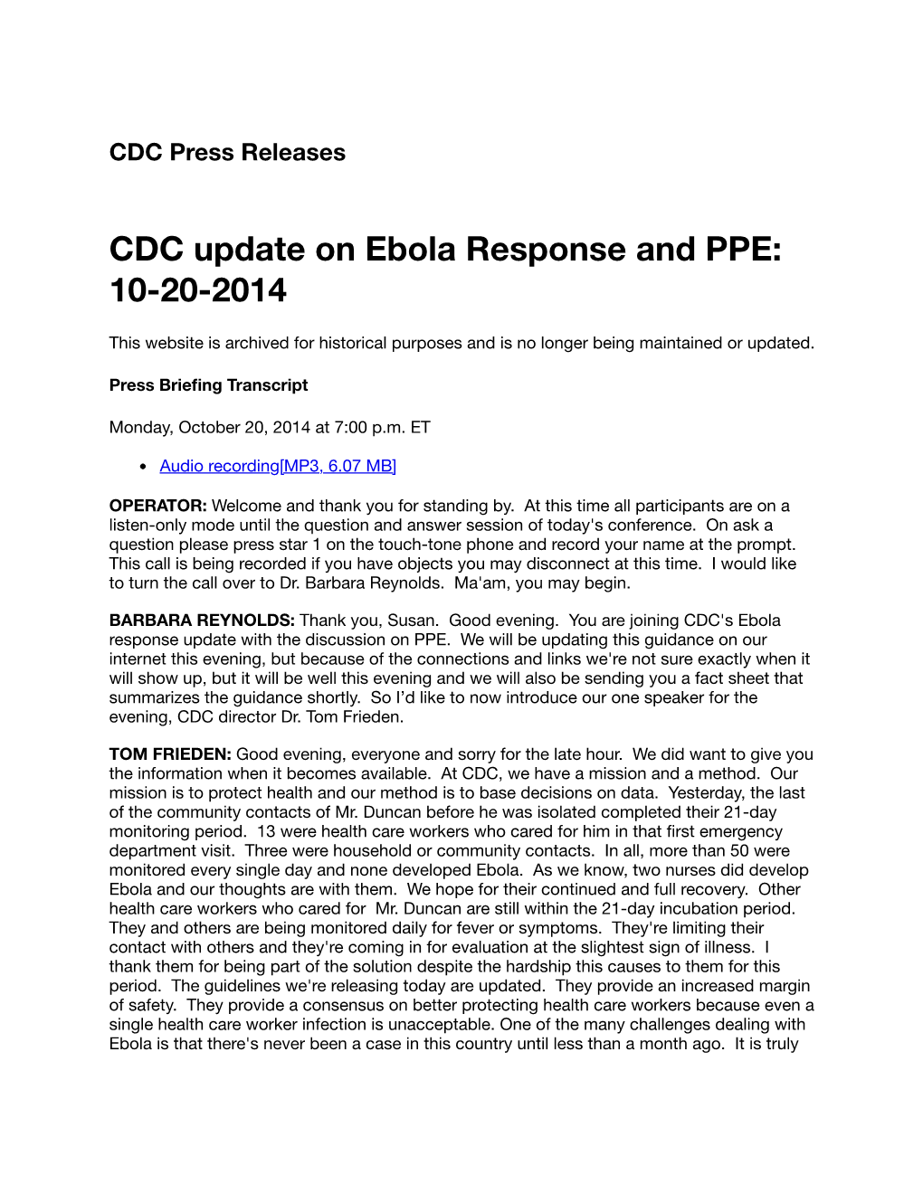 CDC Update on Ebola Response and PPE: 10-20-2014