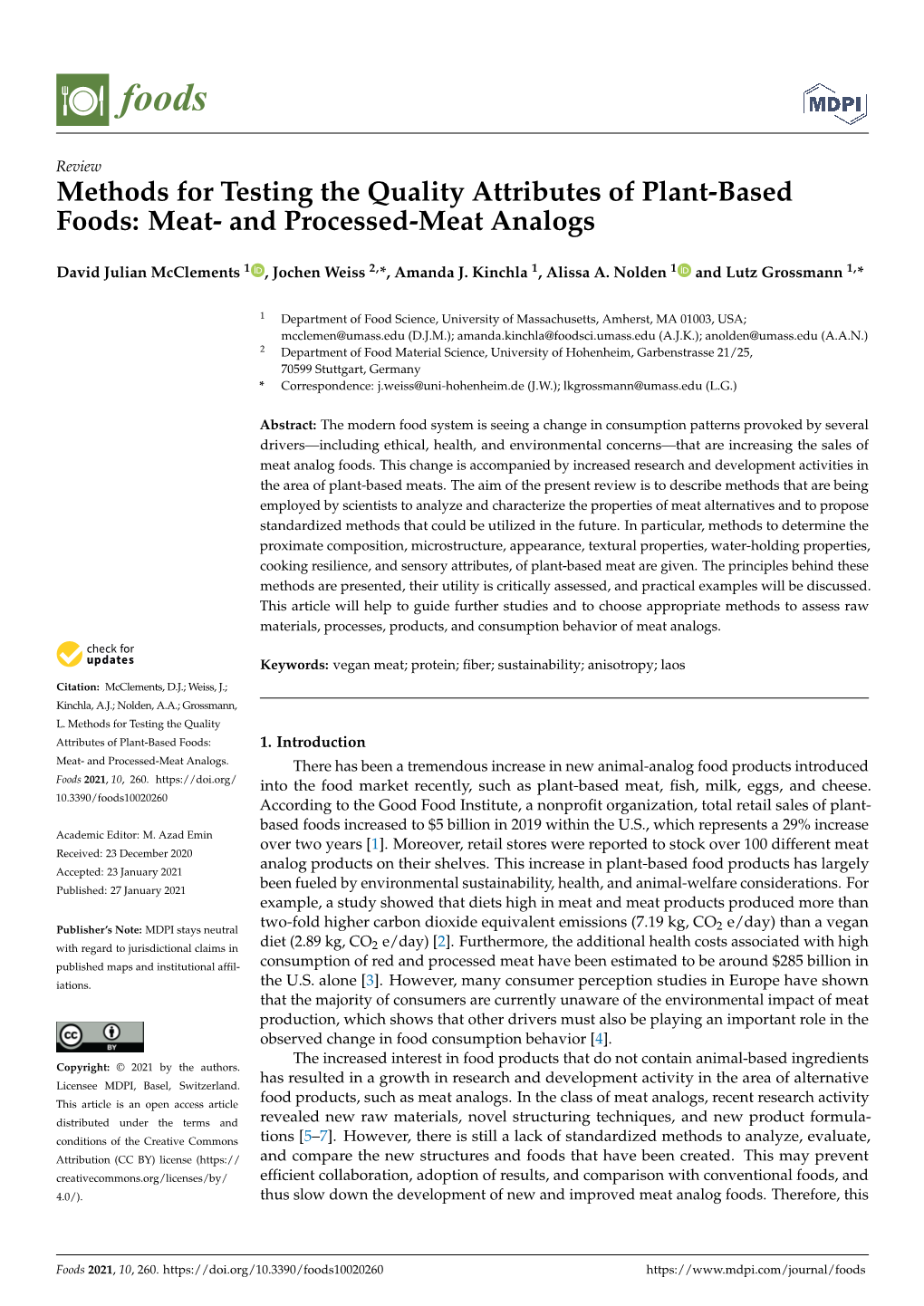 Methods for Testing the Quality Attributes of Plant-Based Foods: Meat- and Processed-Meat Analogs