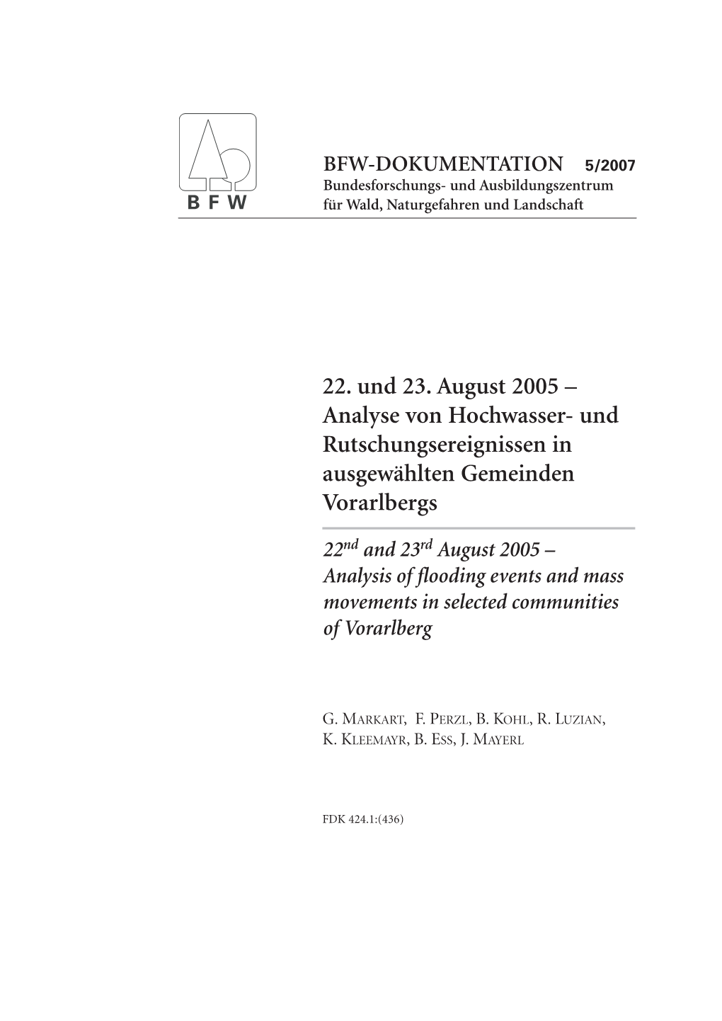 22. Und 23. August 2005 – Analyse Von Hochwasser- Und Rutschungsereignissen in Ausgewählten Gemeinden Vorarlbergs