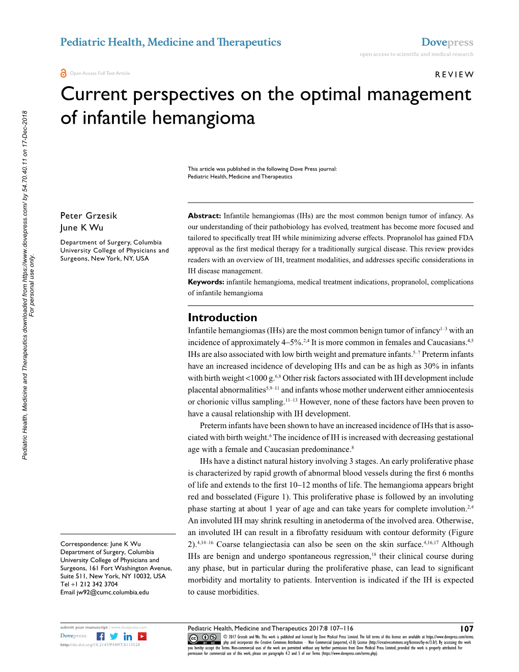 Current Perspectives on the Optimal Management of Infantile Hemangioma