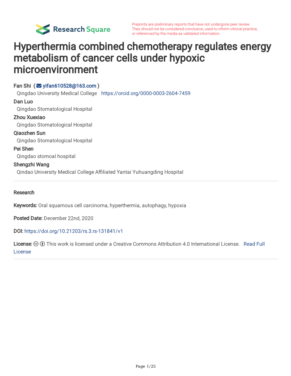 Hyperthermia Combined Chemotherapy Regulates Energy Metabolism of Cancer Cells Under Hypoxic Microenvironment