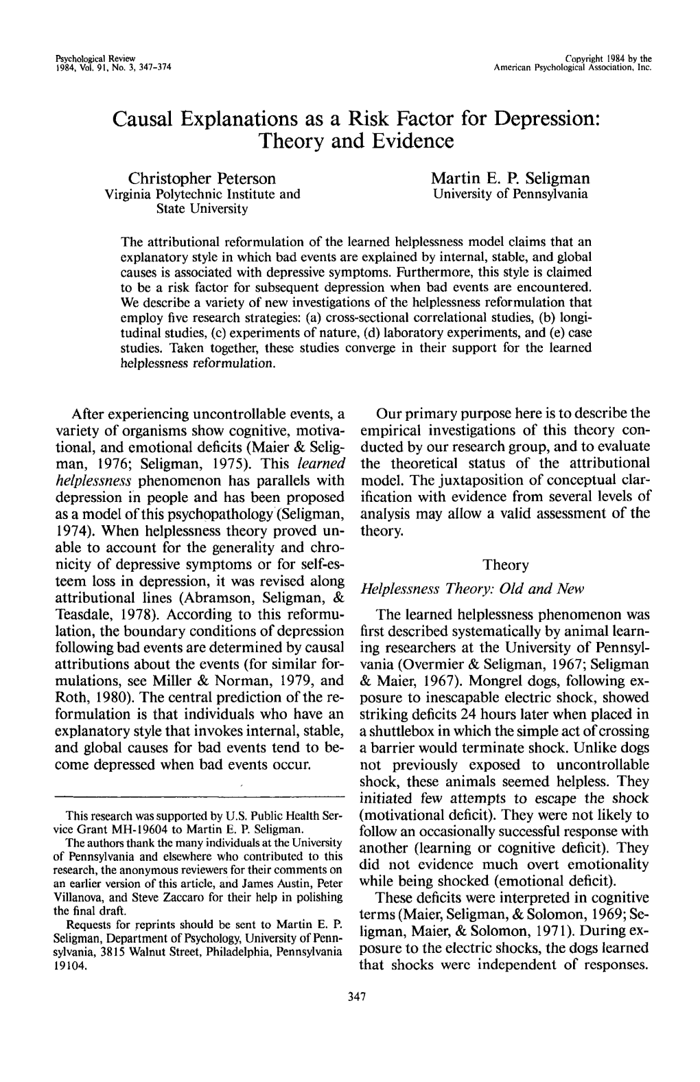 Causal Explanations As a Risk Factor for Depression: Theory and Evidence Christopher Peterson Martin E