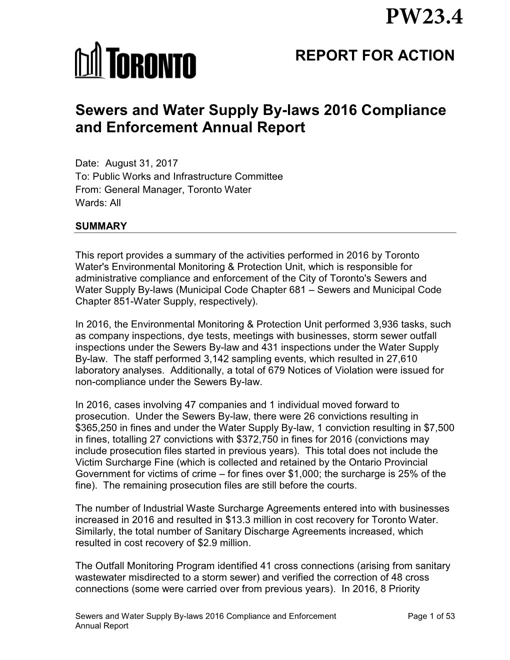 Sewers and Water Supply By-Laws 2016 Compliance and Enforcement Annual Report