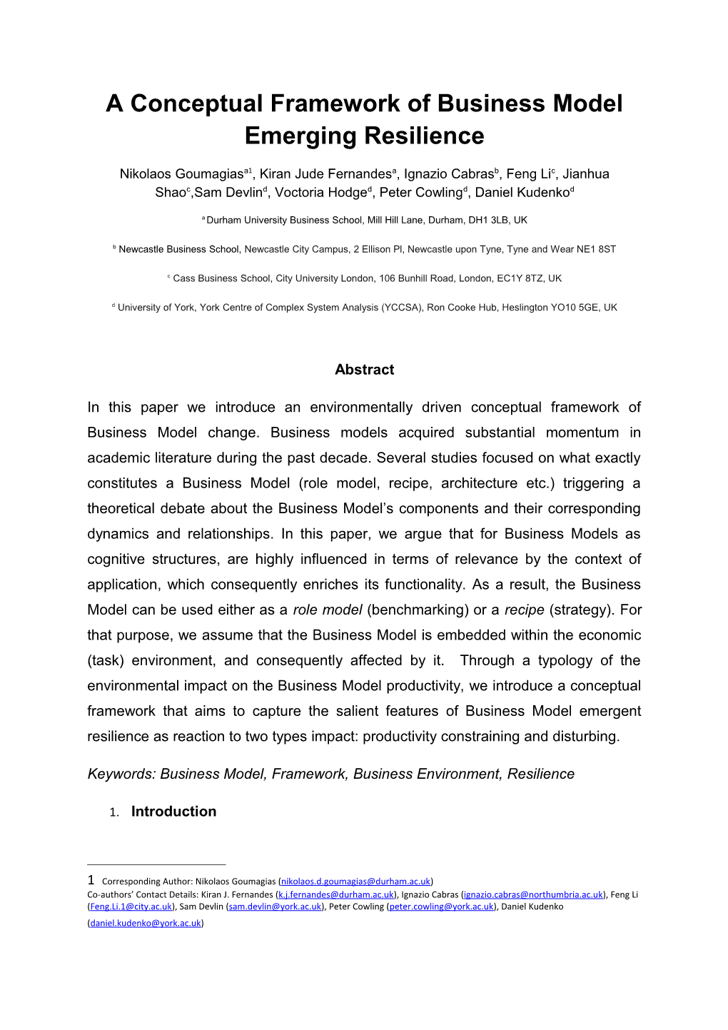 A Conceptual Framework of Business Model Emerging Resilience