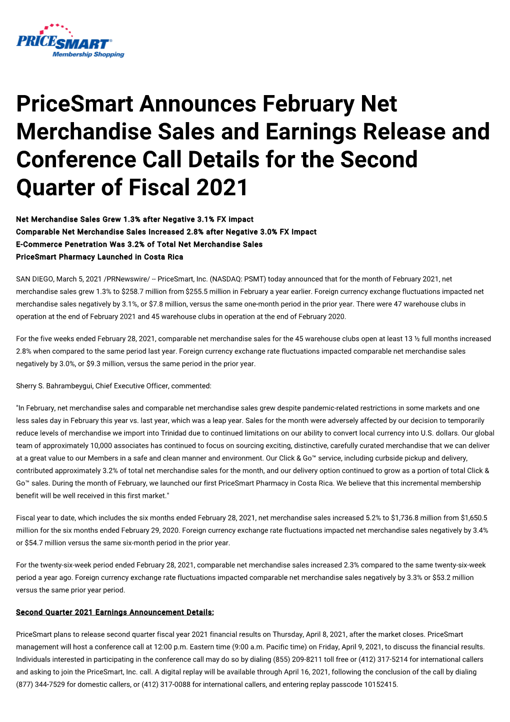 Pricesmart Announces February Net Merchandise Sales and Earnings Release and Conference Call Details for the Second Quarter of Fiscal 2021