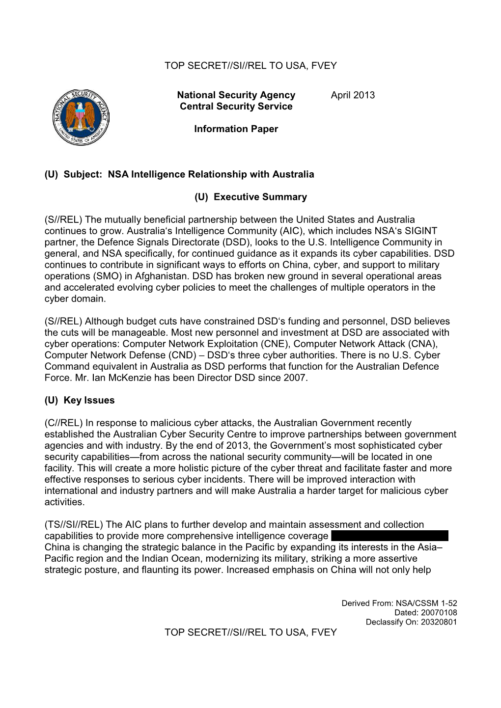 NSA Intelligence Relationship with Australia, Dated April 2013, A