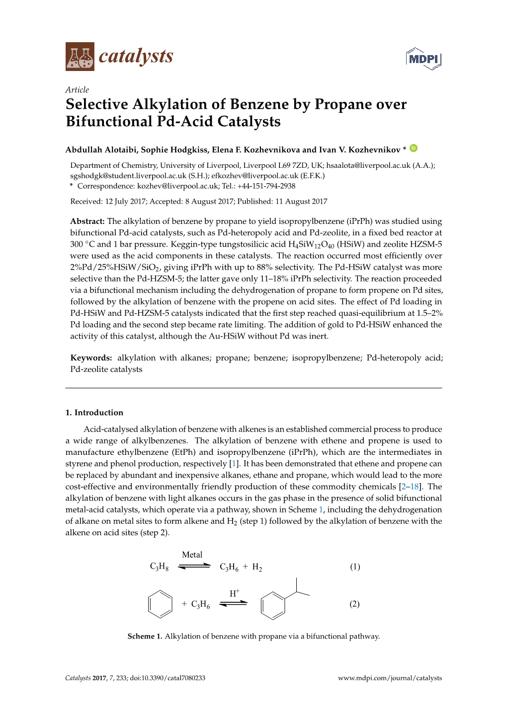 Selective Alkylation of Benzene by Propane Over Bifunctional Pd-Acid