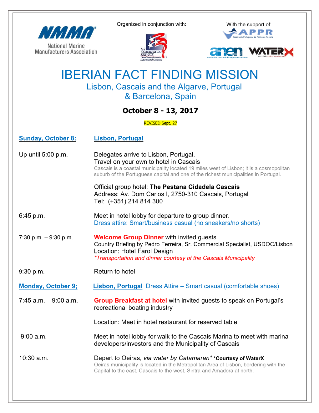 Itinerary for NMMA Fact Finding Mission to Iberian Peninsula