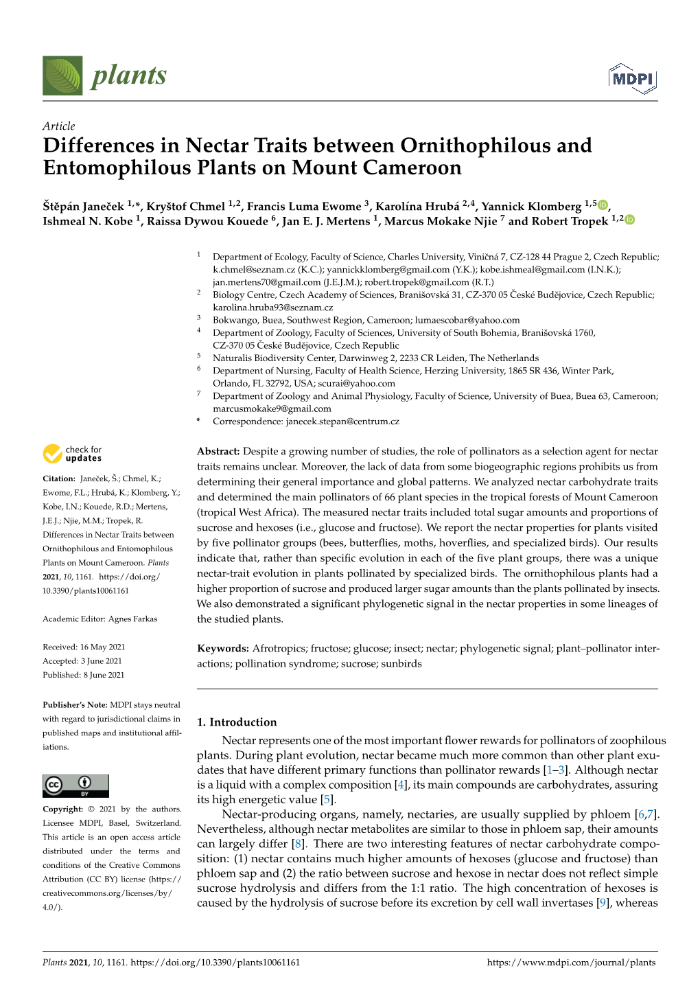 Differences in Nectar Traits Between Ornithophilous and Entomophilous Plants on Mount Cameroon