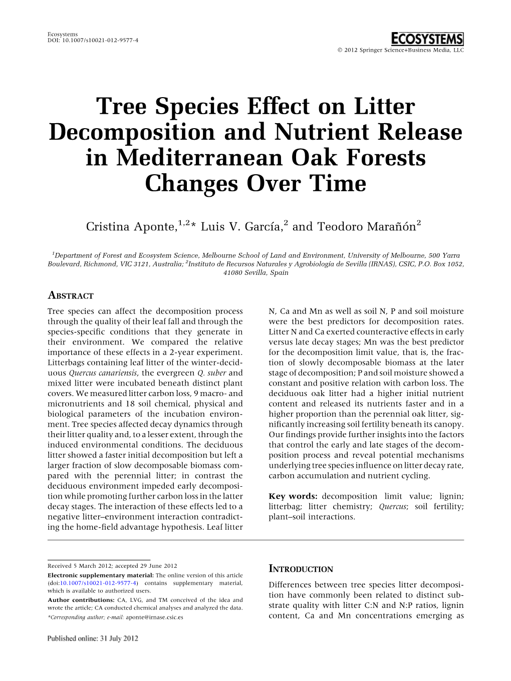 Tree Species Effect on Litter Decomposition and Nutrient Release in Mediterranean Oak Forests Changes Over Time