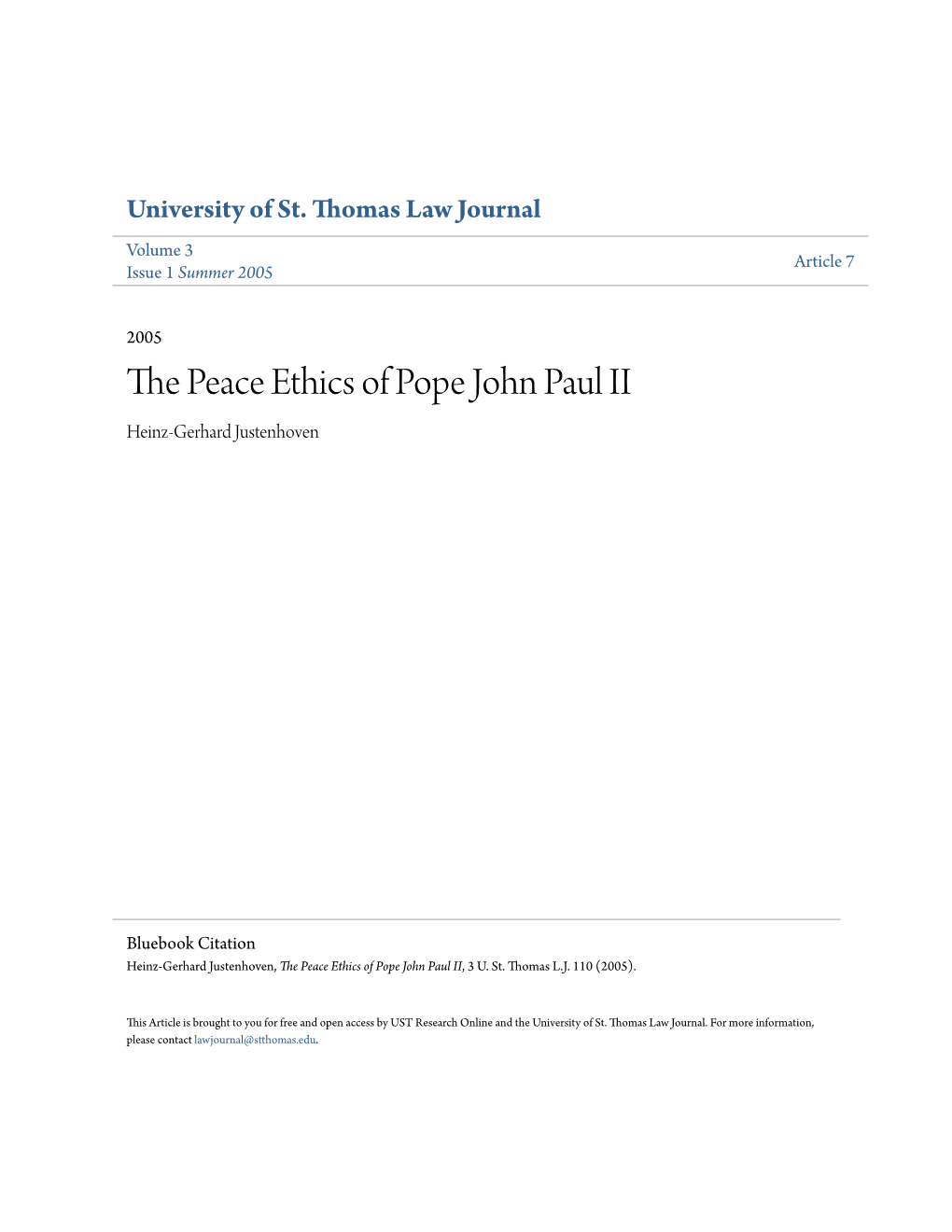 The Peace Ethics of Pope John Paul II, 3 U