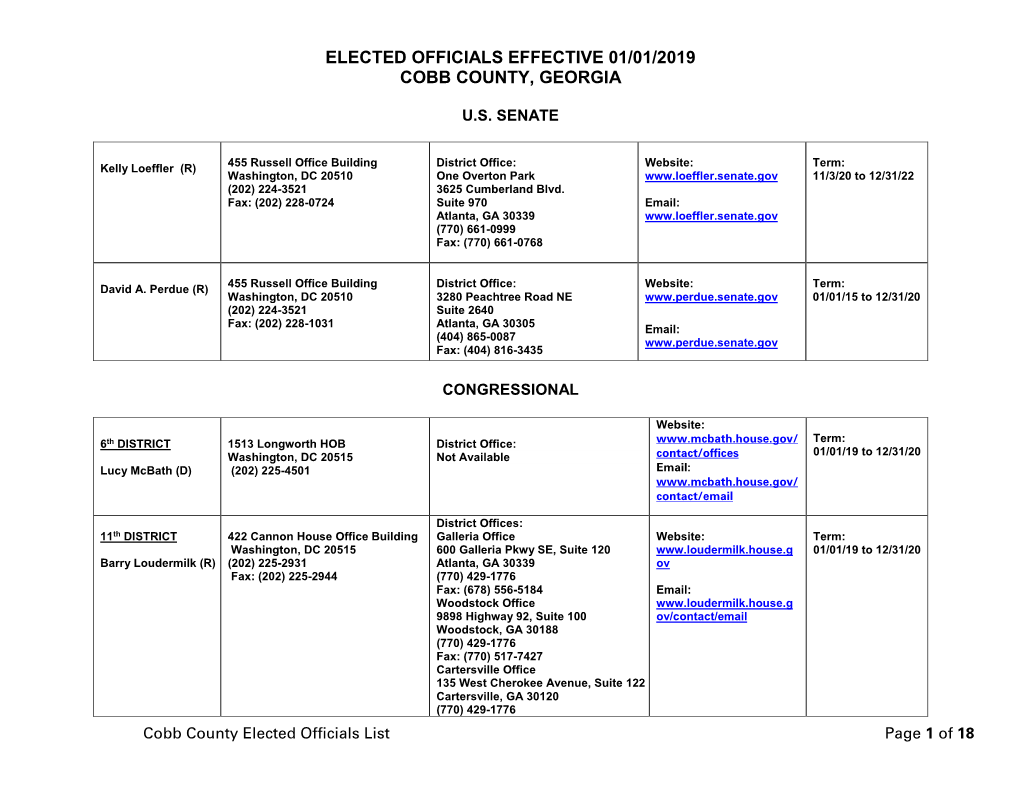 Elected Officials Effective 01/01/2019 Cobb County, Georgia