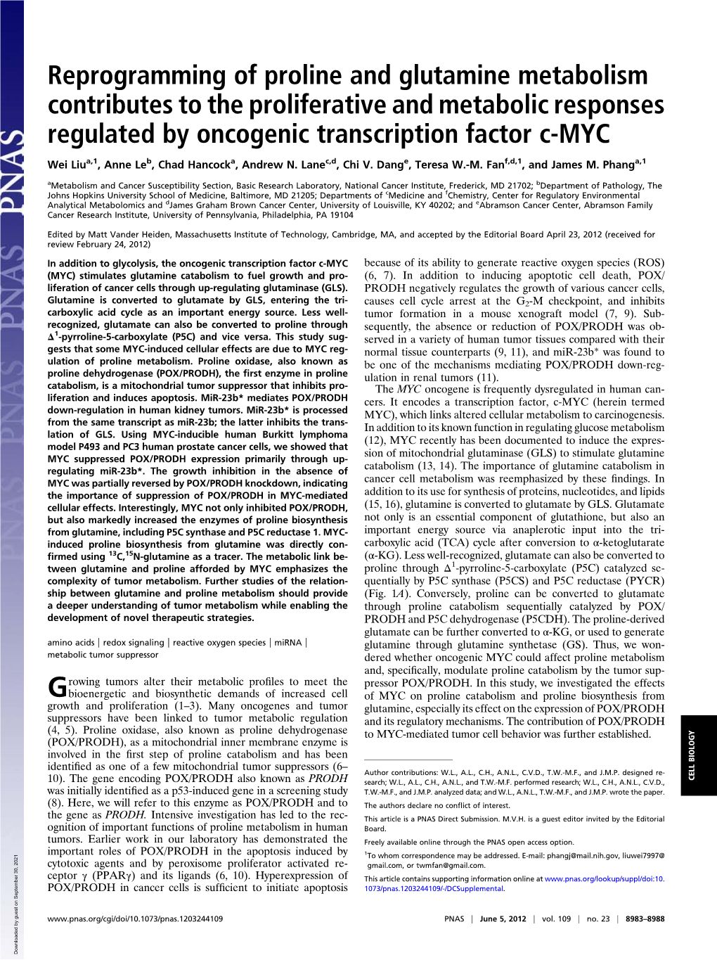 Reprogramming of Proline and Glutamine Metabolism Contributes to the Proliferative and Metabolic Responses Regulated by Oncogenic Transcription Factor C-MYC