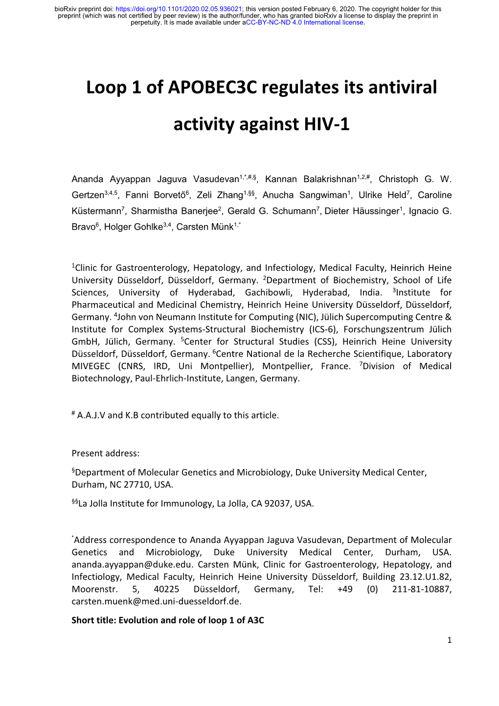 Loop 1 of APOBEC3C Regulates Its Antiviral Activity Against HIV-1