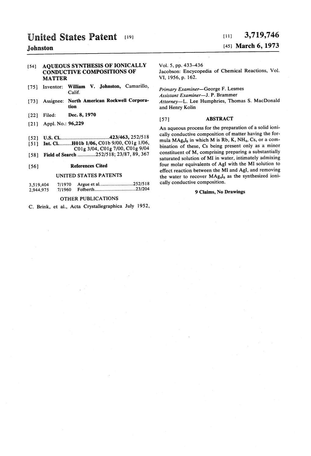 United States Patent (19) (11) 3,719,746 Johnston (45) March 6, 1973