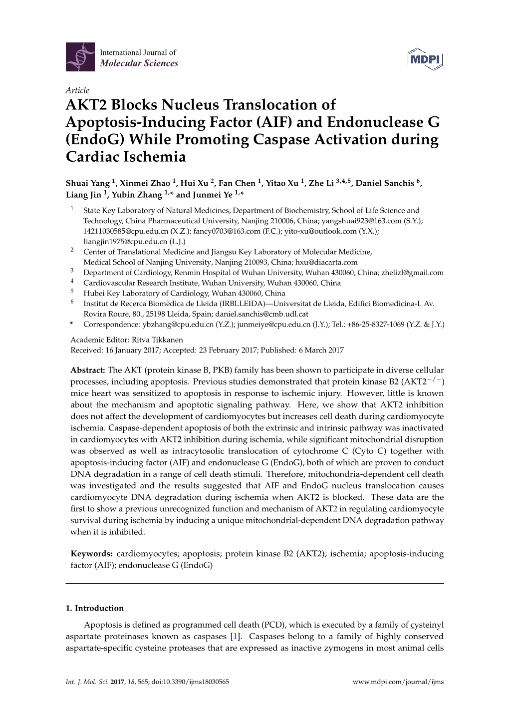 AKT2 Blocks Nucleus Translocation of Apoptosis-Inducing Factor (AIF) and Endonuclease G (Endog) While Promoting Caspase Activation During Cardiac Ischemia