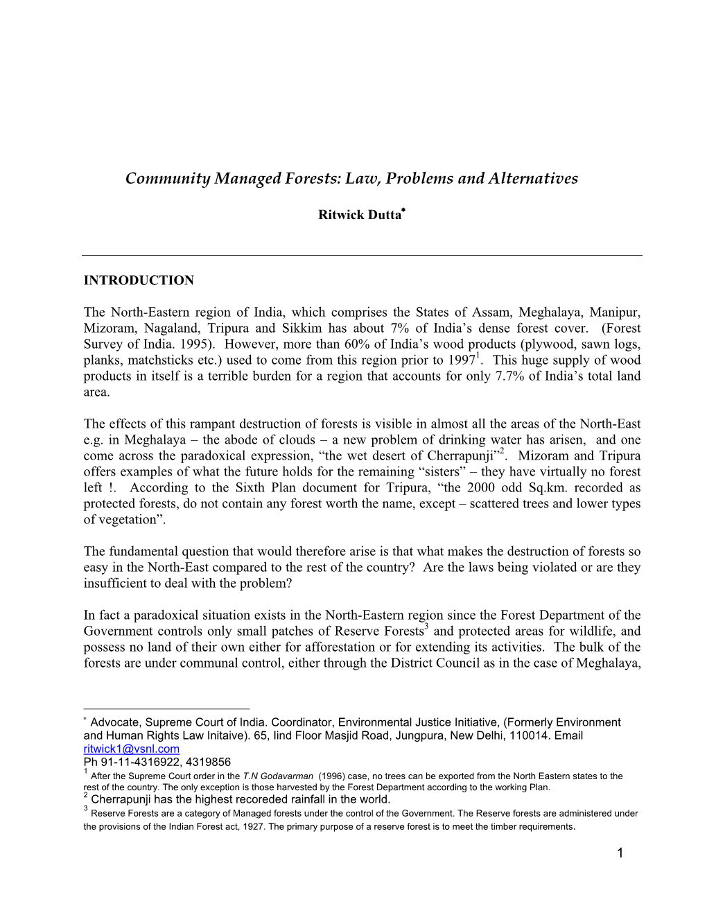 Community Managed Forests: Law, Problems and Alternatives