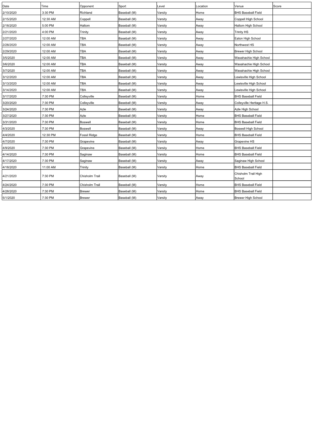 Varsity Home BHS Baseball Field 2/15