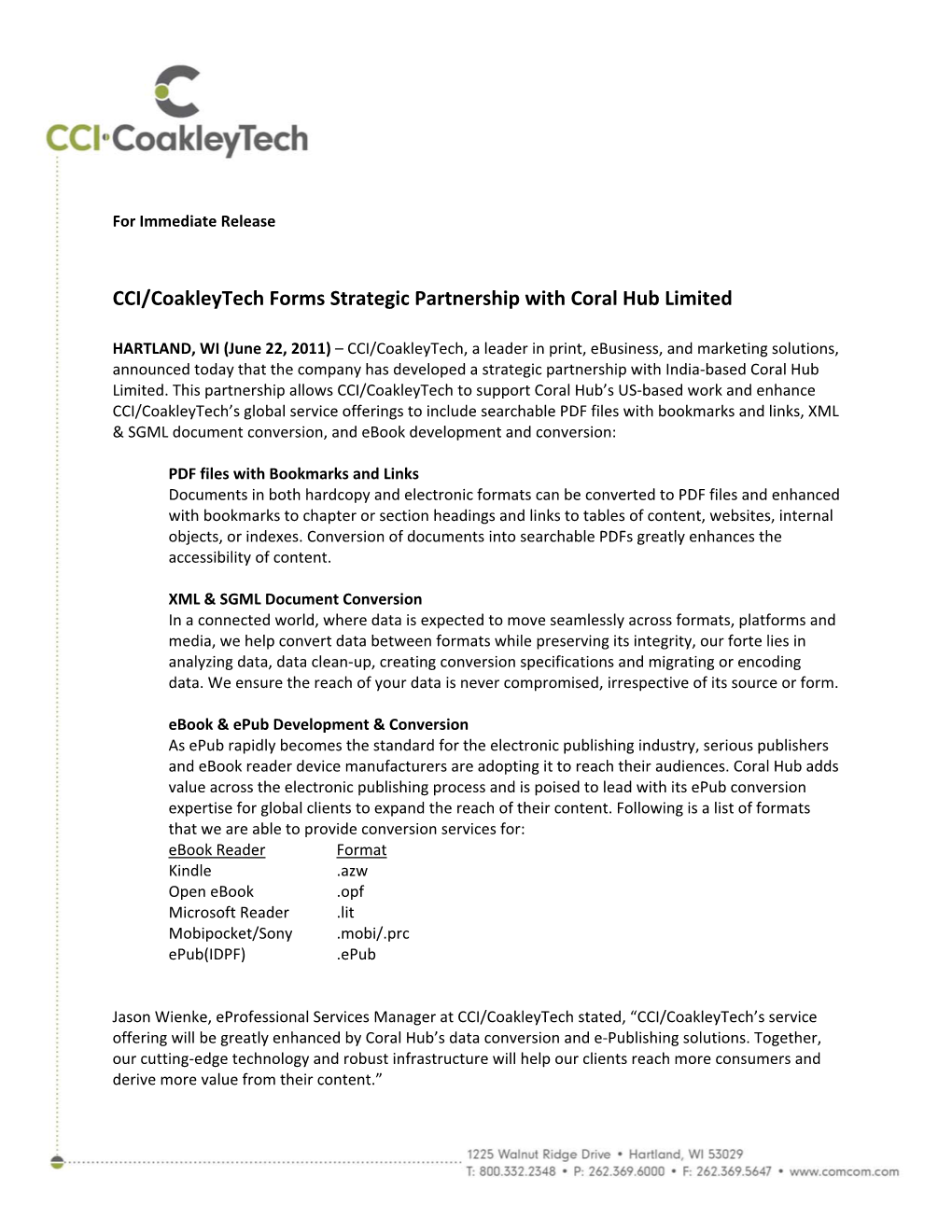 CCI/Coakleytech Forms Strategic Partnership with Coral Hub Limited