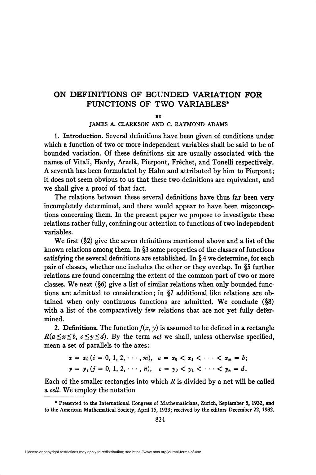 On Definitions of Bounded Variation for Functions of Two Variables*