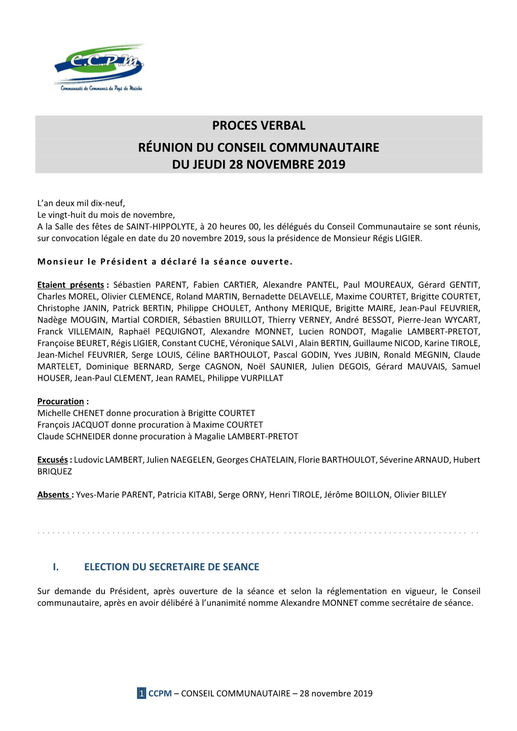 Proces Verbal Réunion Du Conseil Communautaire Du Jeudi 28 Novembre 2019