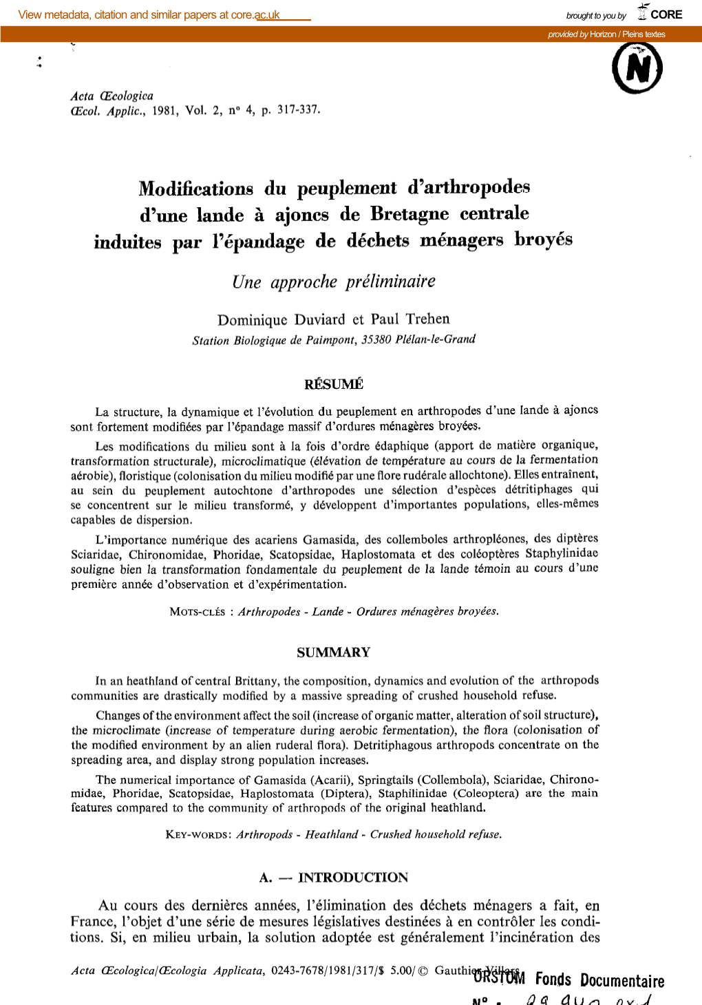 Modifications Du Peuplement D'arthropodes D'une Lande À Ajoncs