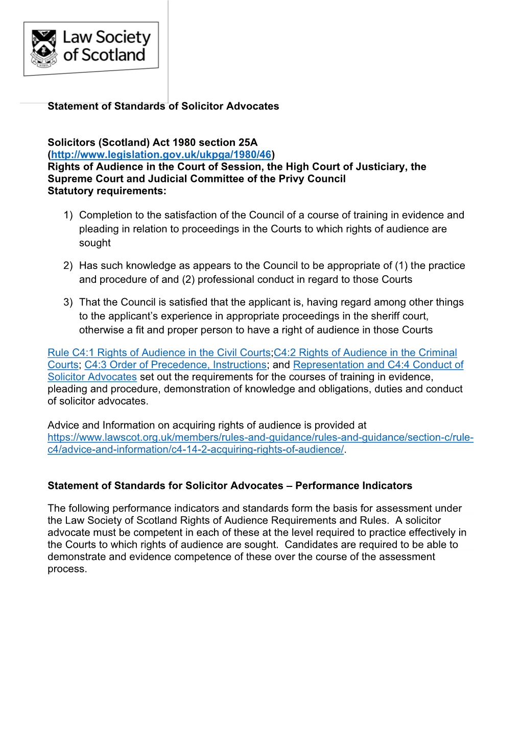 Statement of Standards for Solicitor Advocates – Performance Indicators