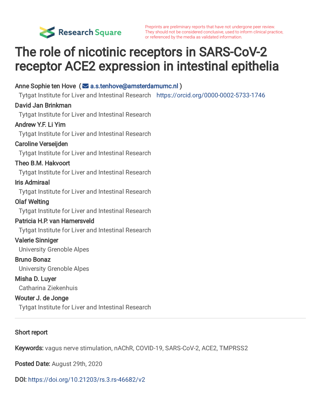 The Role of Nicotinic Receptors in SARS-Cov-2 Receptor ACE2 Expression in Intestinal Epithelia