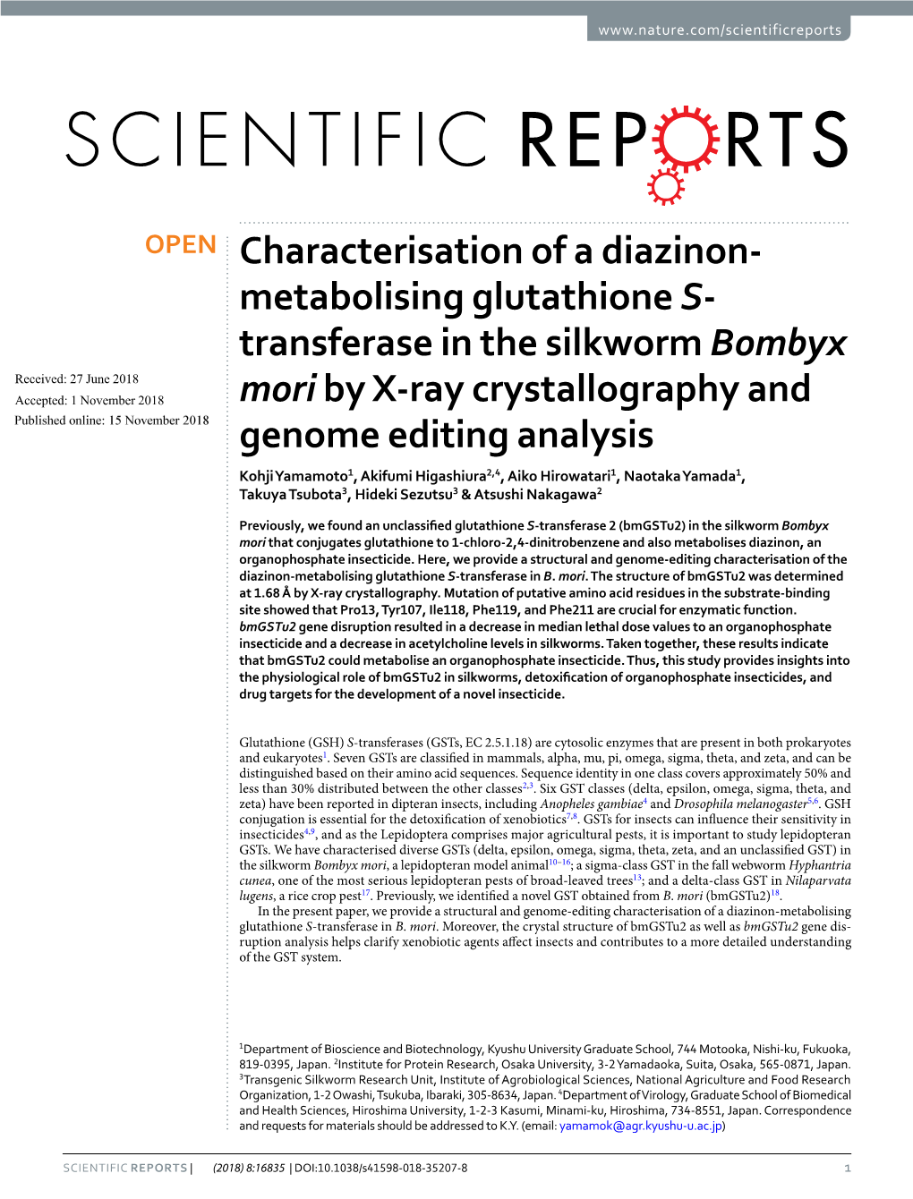 Characterisation of a Diazinon-Metabolising Glutathione S-Transferase in the Silkworm Bombyx Mori by X-Ray Crystallography and G